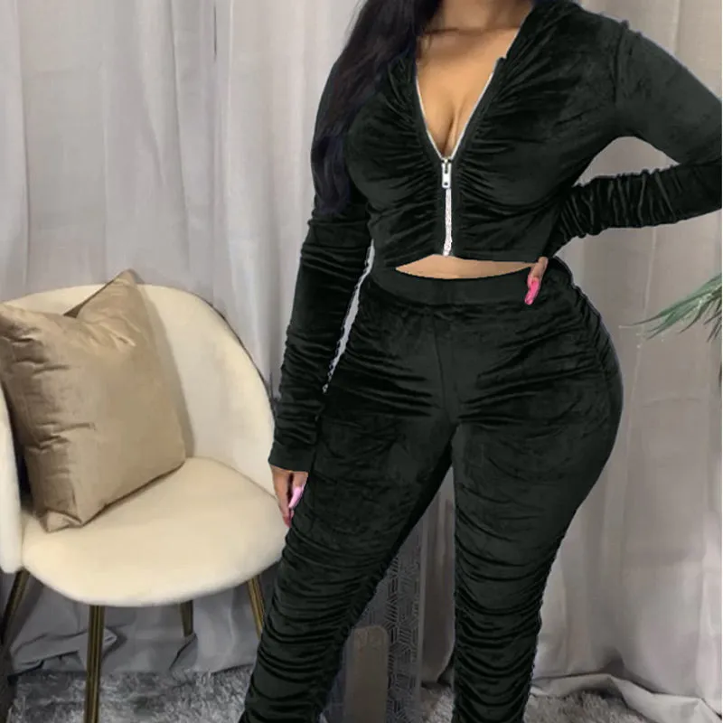 Solid Zipper Detail Pleated Design Crop Top & Pants Set
