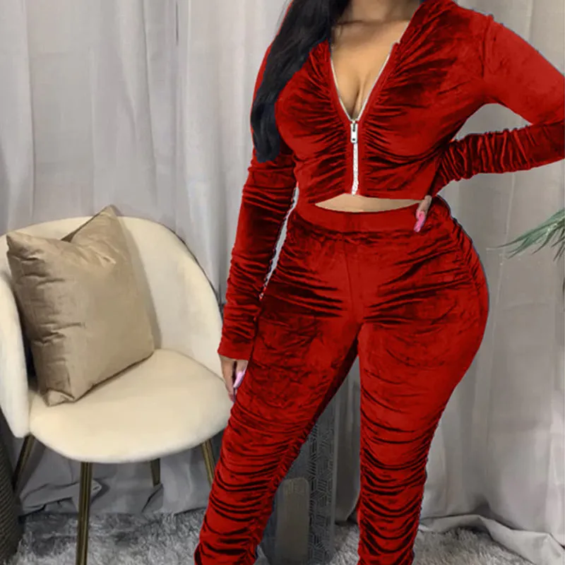 Solid Zipper Detail Pleated Design Crop Top & Pants Set