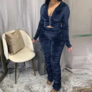 Solid Zipper Detail Pleated Design Crop Top & Pants Set