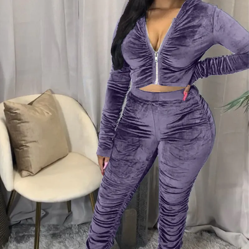 Solid Zipper Detail Pleated Design Crop Top & Pants Set