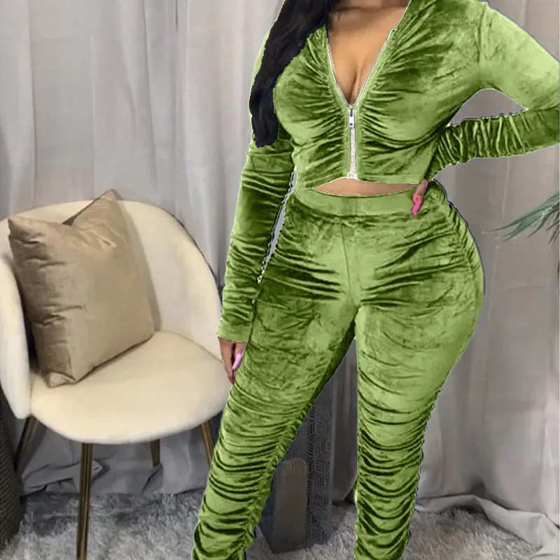 Solid Zipper Detail Pleated Design Crop Top & Pants Set