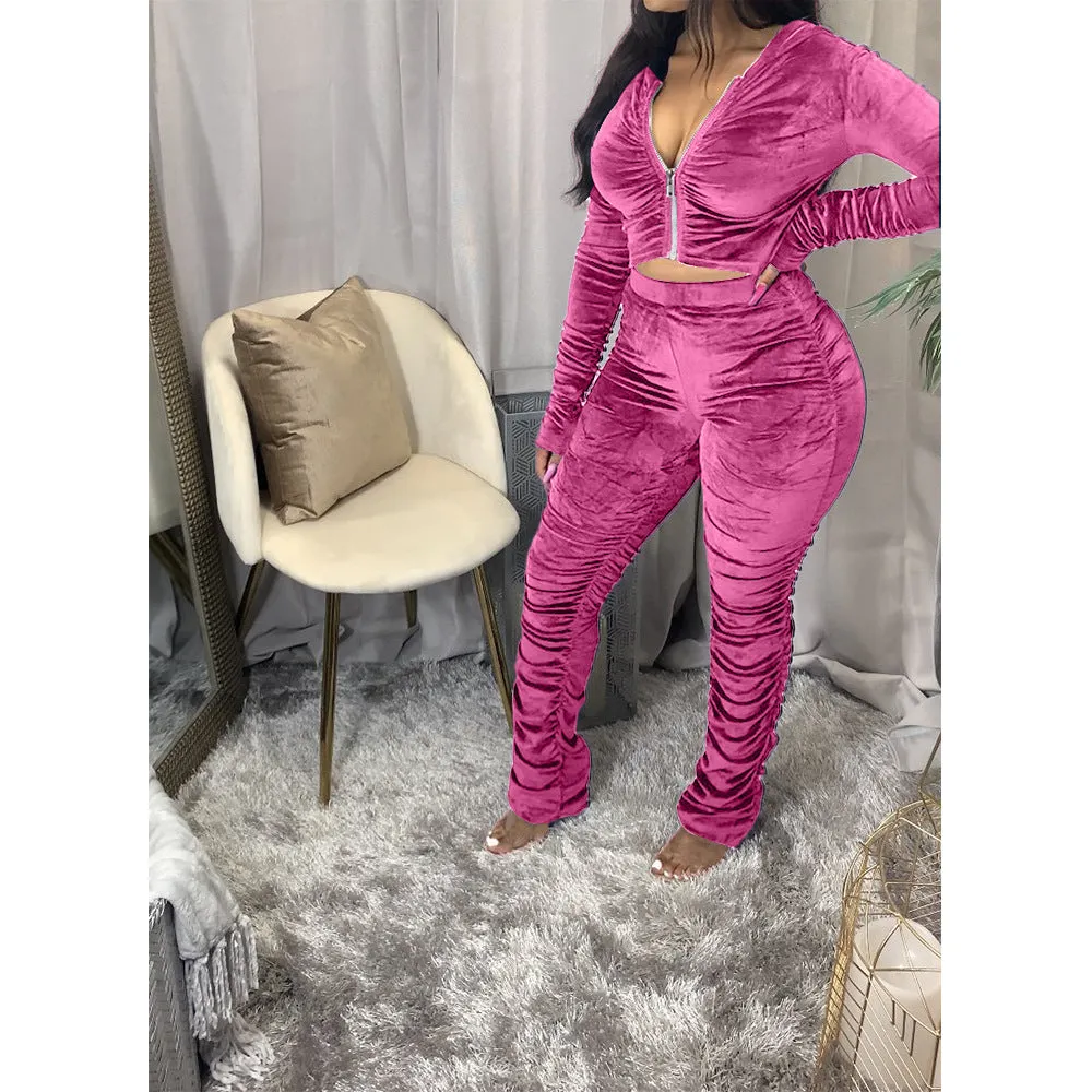 Solid Zipper Detail Pleated Design Crop Top & Pants Set