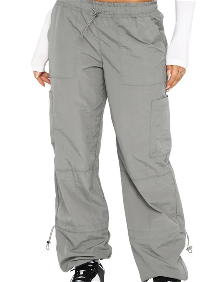 Sports Comfy Elastic Waist Multi Pockets Ankle Tied Pants for Women