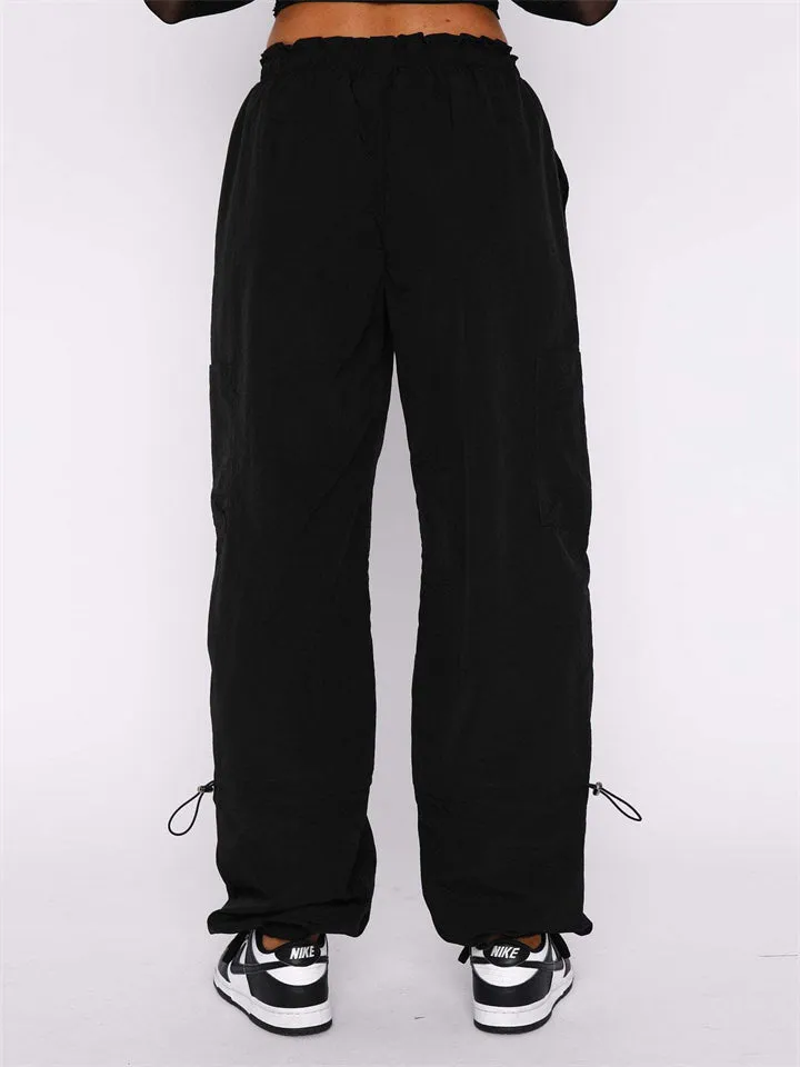 Sports Comfy Elastic Waist Multi Pockets Ankle Tied Pants for Women