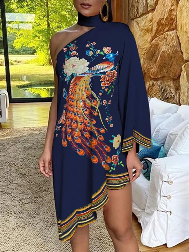 Stylish One Shoulder Asymmetric Hem Printed Mini Dress