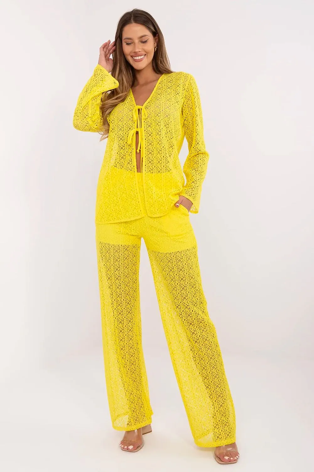 Stylish openwork shirt with pants women's set