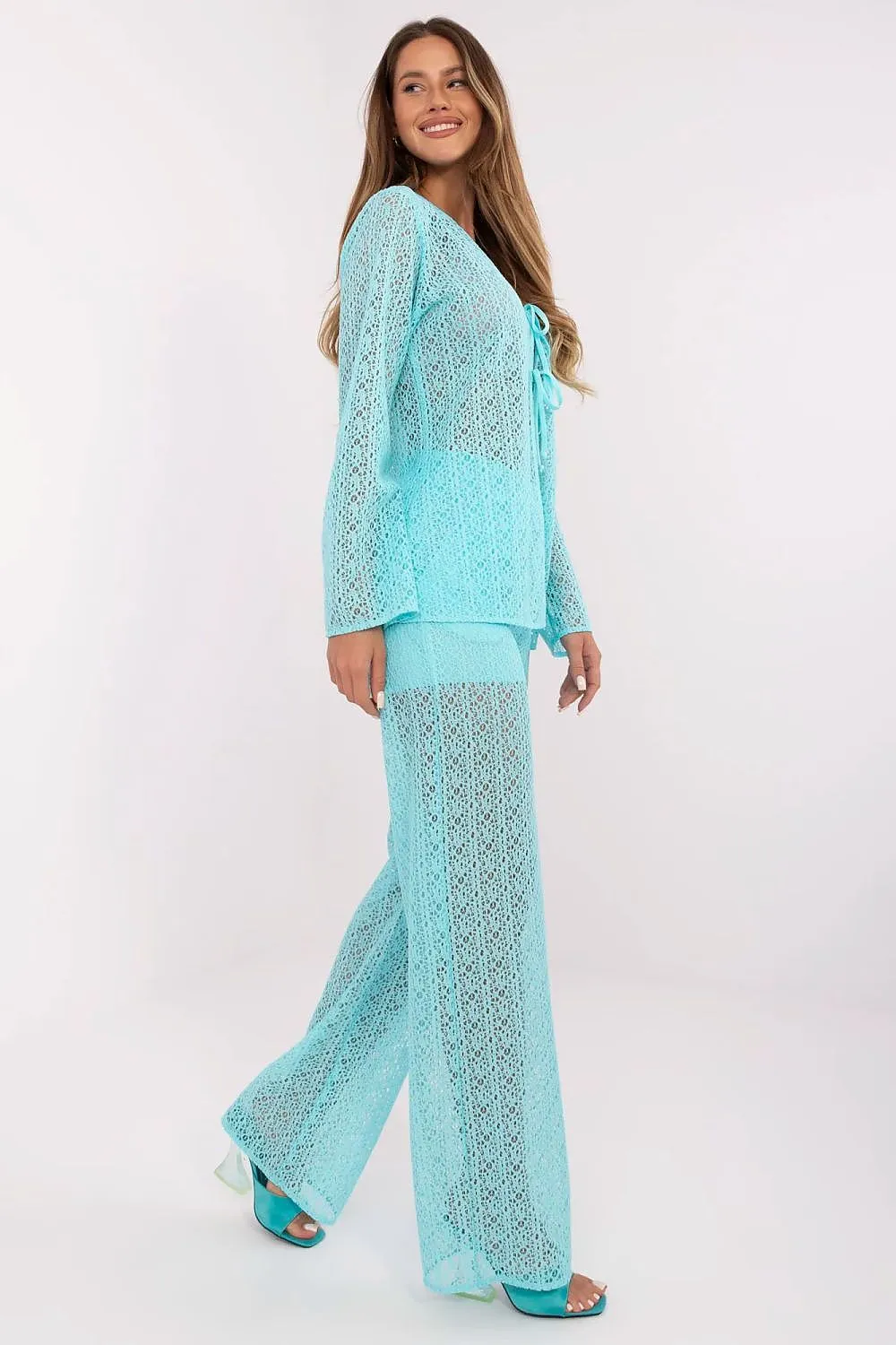 Stylish openwork shirt with pants women's set
