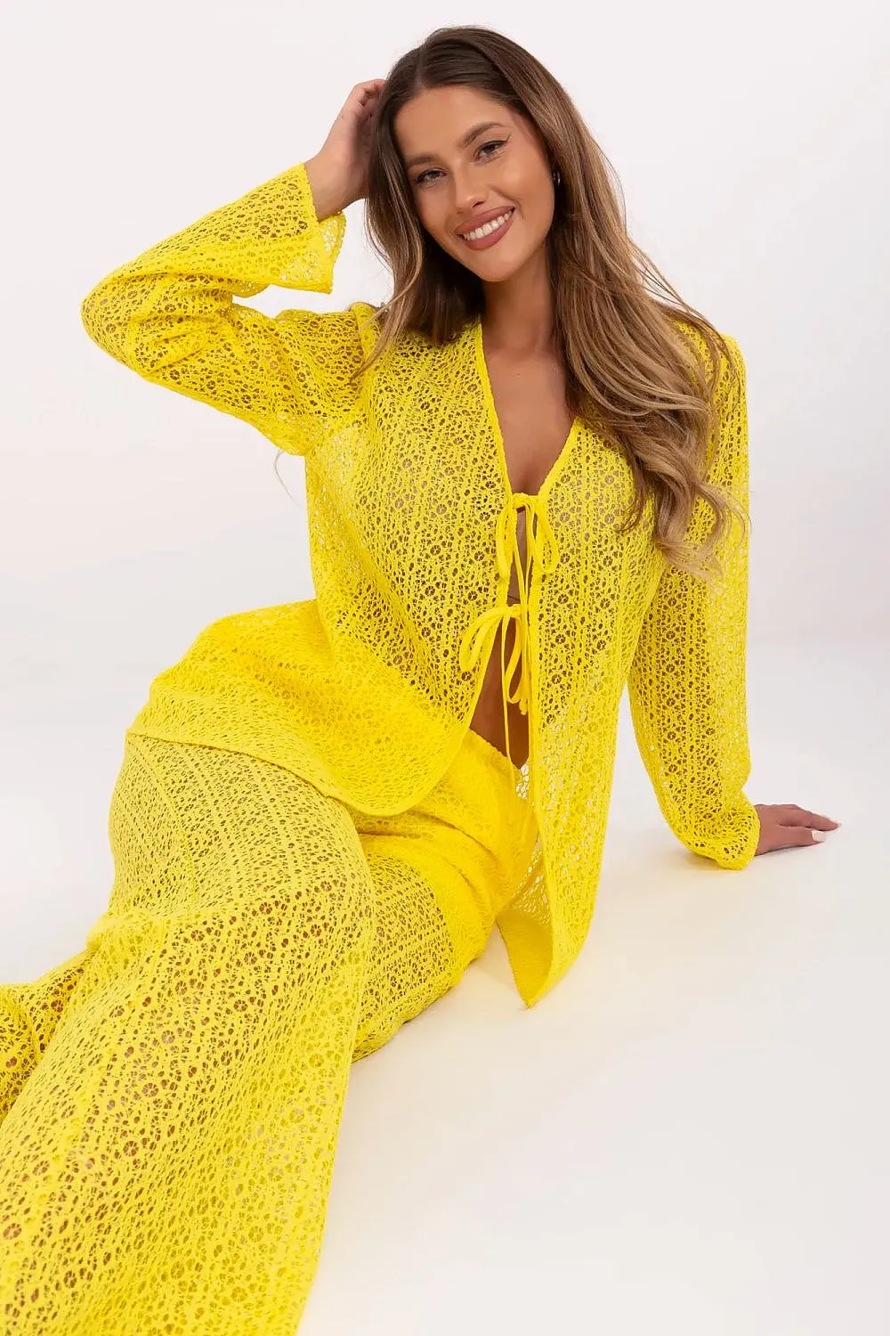Stylish openwork shirt with pants women's set