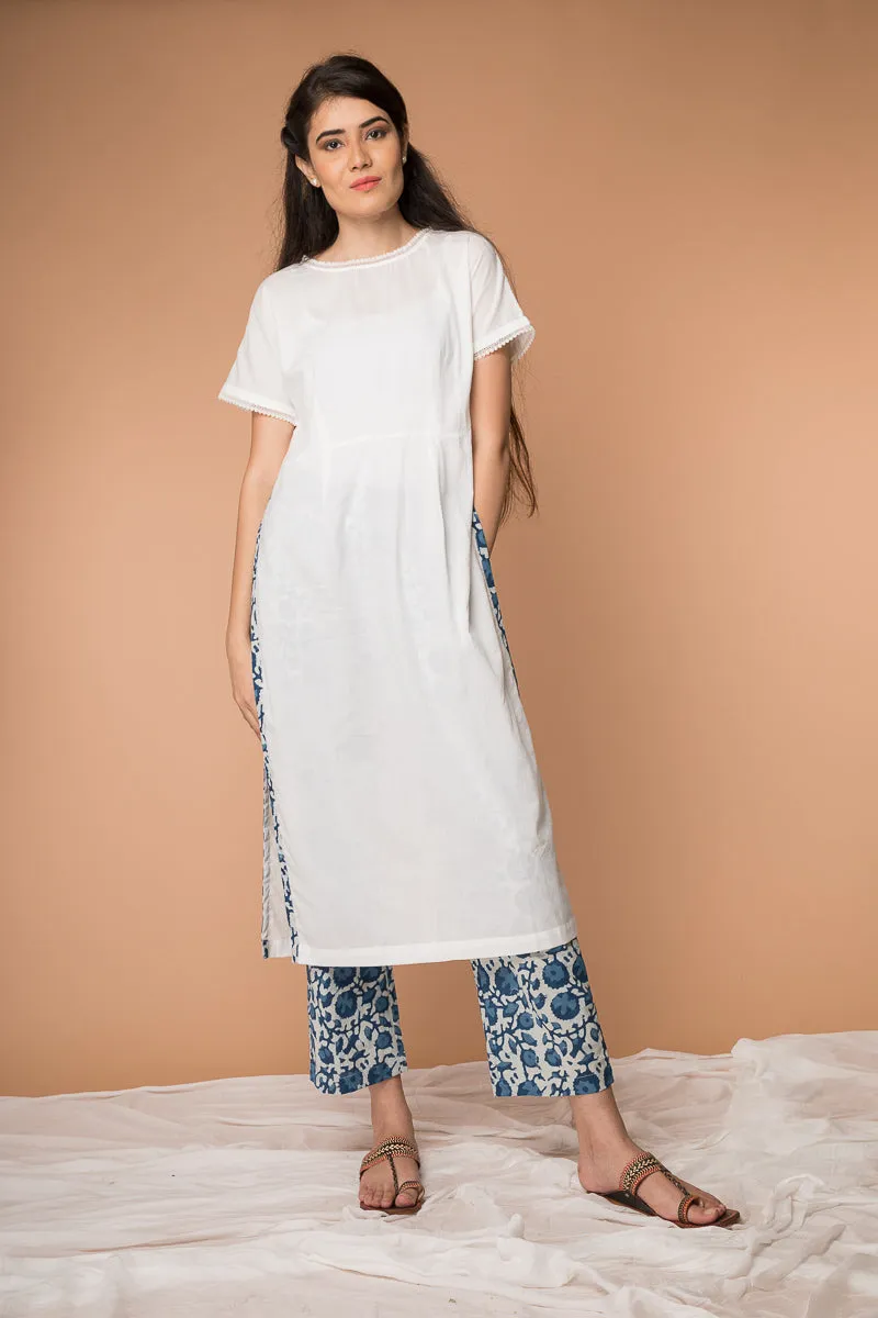 Suit set with High-slit Kurta and Hand block printed Straight Pants in Indigo & White cotton  (Set of 2)