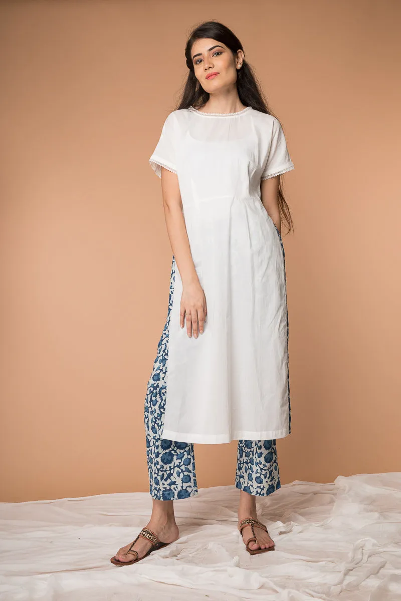 Suit set with High-slit Kurta and Hand block printed Straight Pants in Indigo & White cotton  (Set of 2)