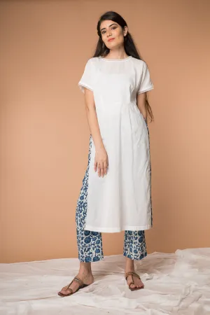 Suit set with High-slit Kurta and Hand block printed Straight Pants in Indigo & White cotton  (Set of 2)