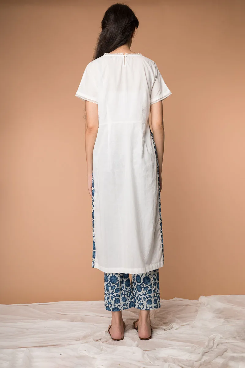 Suit set with High-slit Kurta and Hand block printed Straight Pants in Indigo & White cotton  (Set of 2)