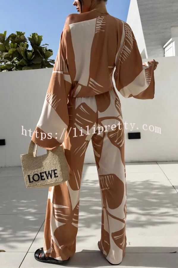 Sunlee Unique Print Wide Collar Long Sleeve Top and Elastic Waist Loose Pants Set