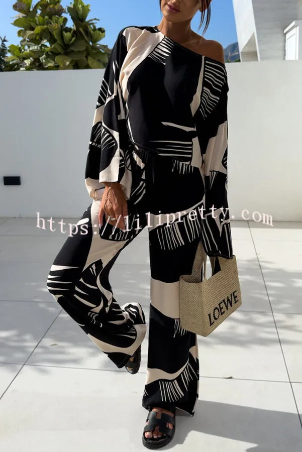 Sunlee Unique Print Wide Collar Long Sleeve Top and Elastic Waist Loose Pants Set