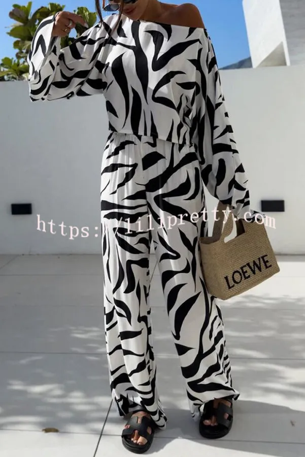 Sunlee Unique Print Wide Collar Long Sleeve Top and Elastic Waist Loose Pants Set