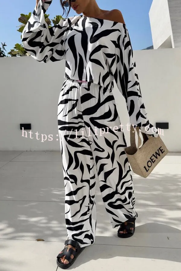 Sunlee Unique Print Wide Collar Long Sleeve Top and Elastic Waist Loose Pants Set