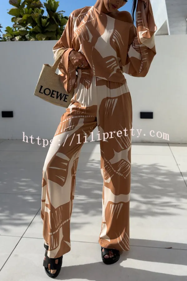 Sunlee Unique Print Wide Collar Long Sleeve Top and Elastic Waist Loose Pants Set