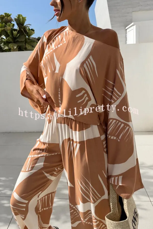 Sunlee Unique Print Wide Collar Long Sleeve Top and Elastic Waist Loose Pants Set