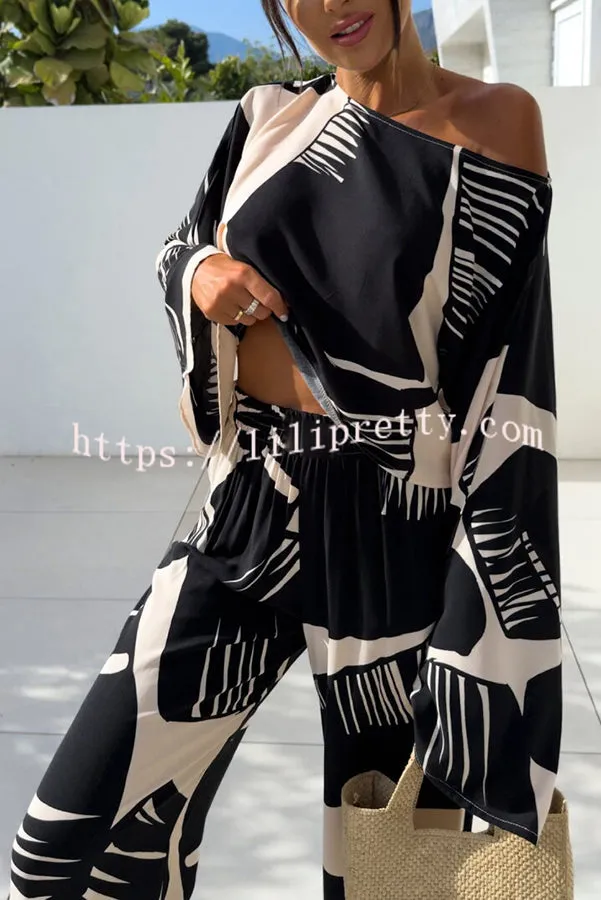 Sunlee Unique Print Wide Collar Long Sleeve Top and Elastic Waist Loose Pants Set