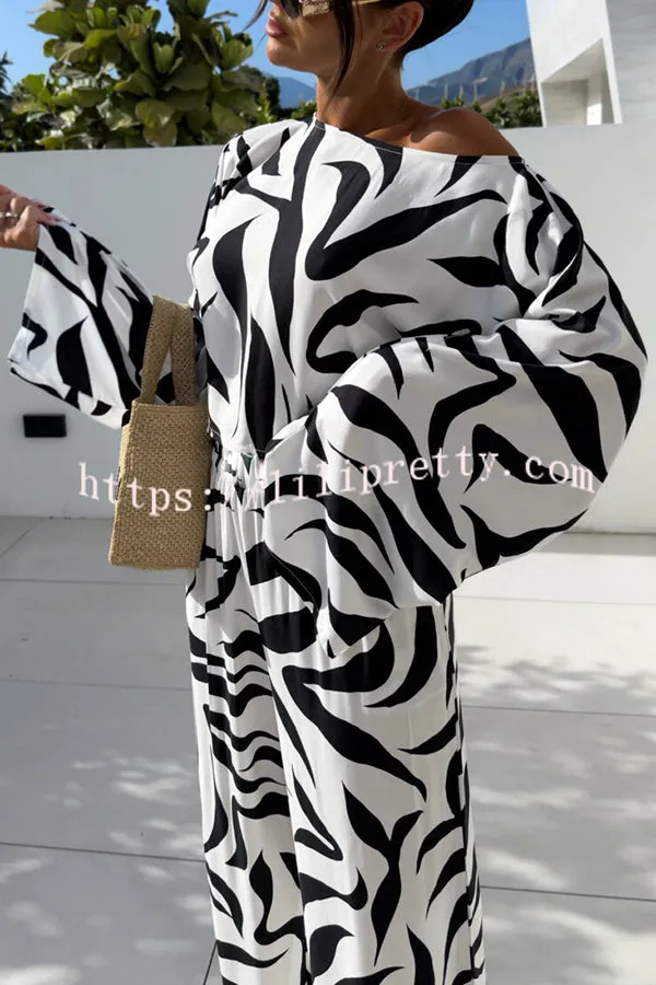 Sunlee Unique Print Wide Collar Long Sleeve Top and Elastic Waist Loose Pants Set