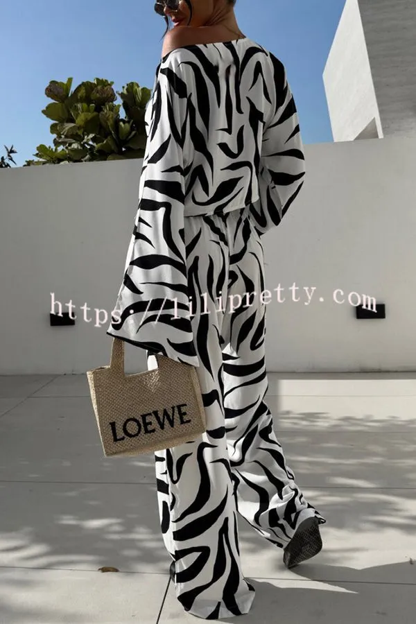 Sunlee Unique Print Wide Collar Long Sleeve Top and Elastic Waist Loose Pants Set