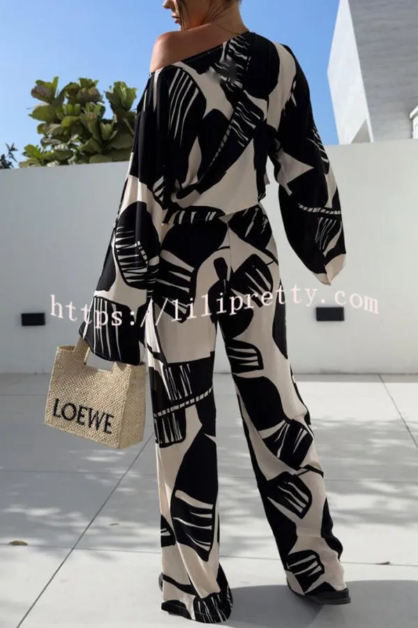 Sunlee Unique Print Wide Collar Long Sleeve Top and Elastic Waist Loose Pants Set