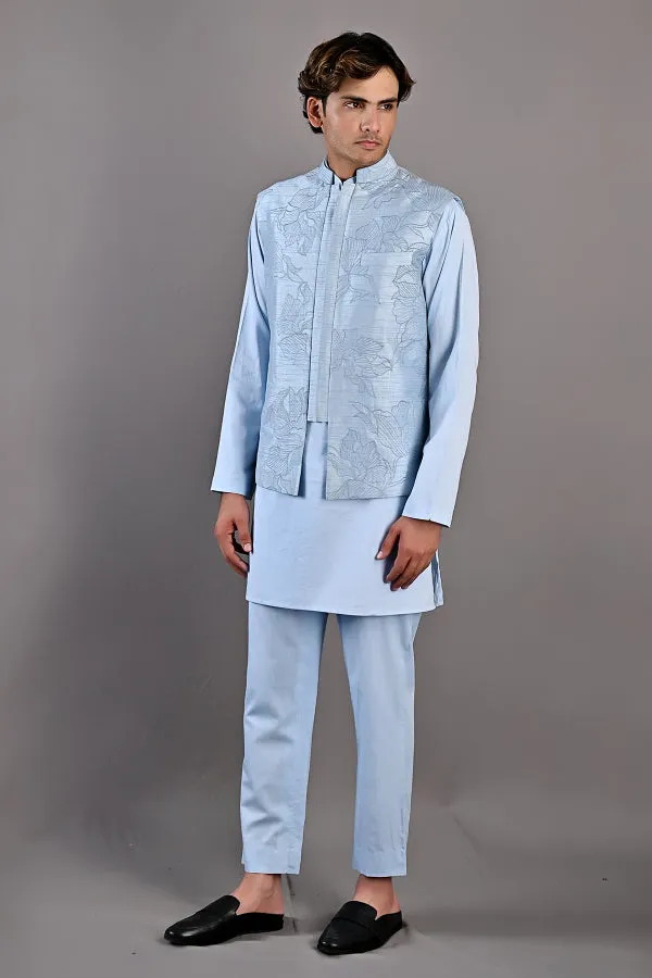 Terence - Light Blue Abstract Embroidered Nehru Jacket with Kurta Set