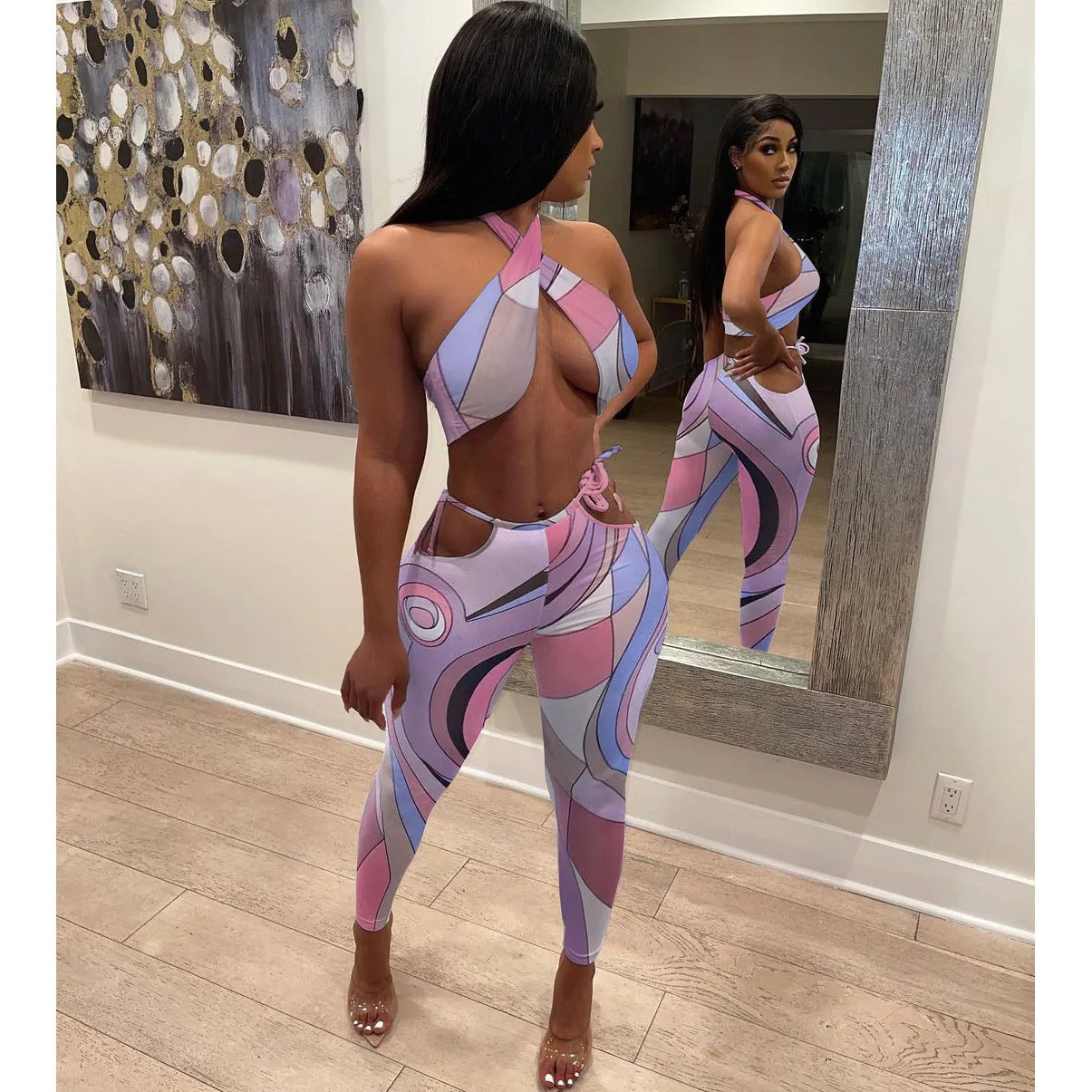 Trendy printed tube top trousers set AY2036