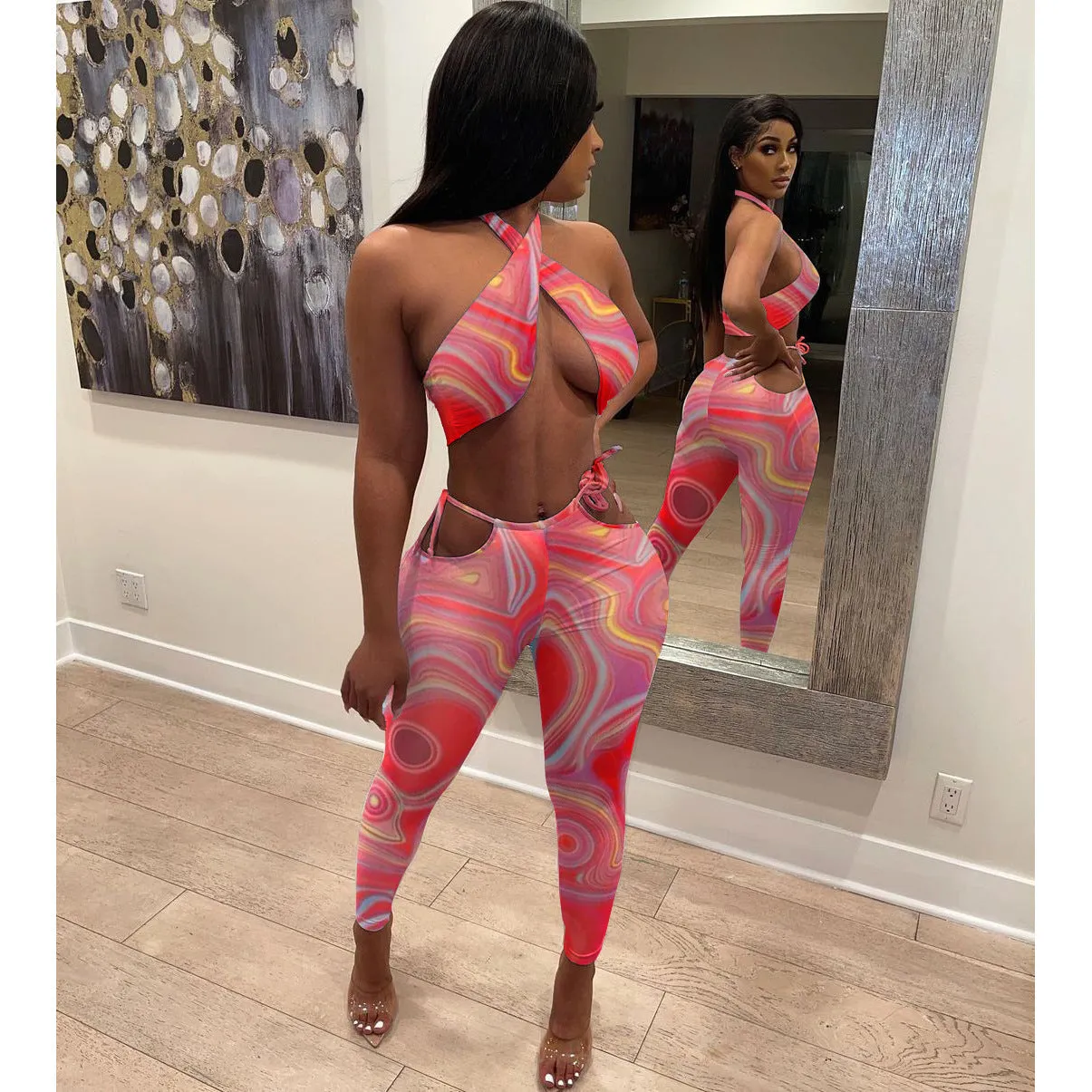 Trendy printed tube top trousers set AY2036