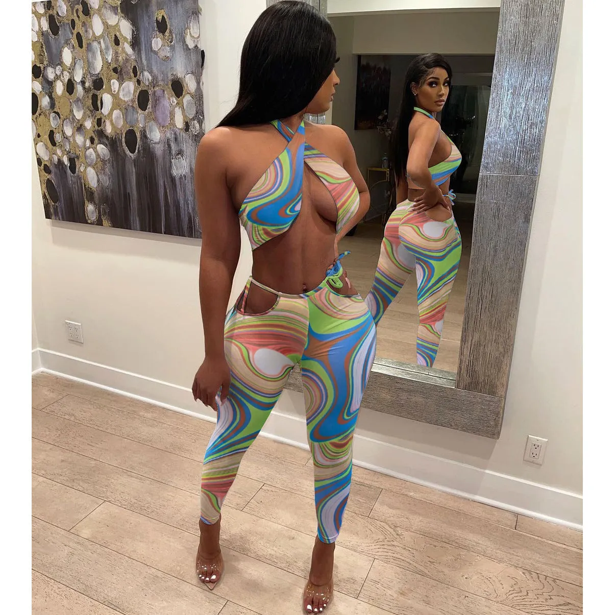 Trendy printed tube top trousers set AY2036