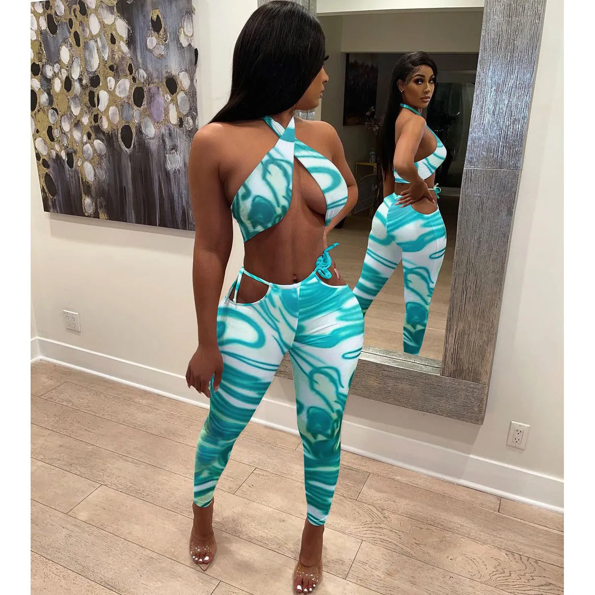 Trendy printed tube top trousers set AY2036