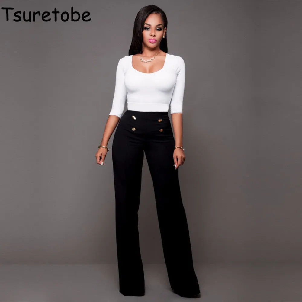 Tsuretobe 2017 High Waist Flare Pants Plus Size Women Trousers Female Office Lady Casual Wide Leg Pants Stretch Long Pant