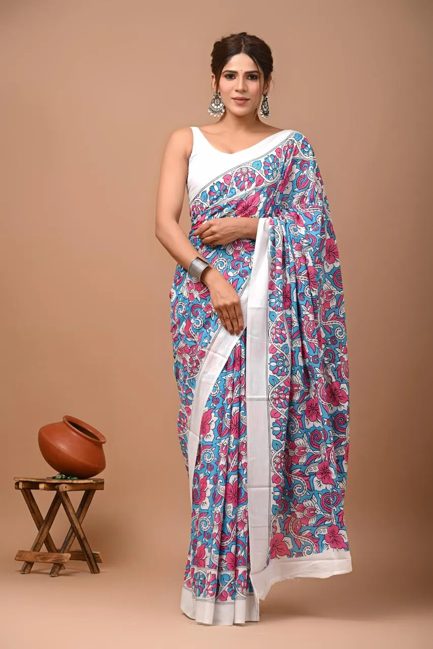 White Cotton Bagru Saree