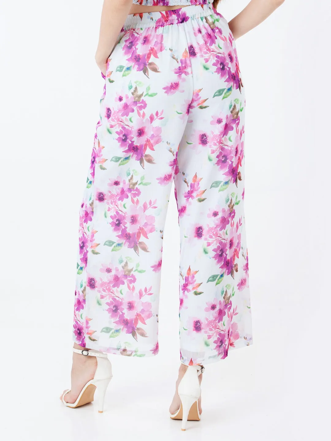 White Floral Print Straight Palazzo