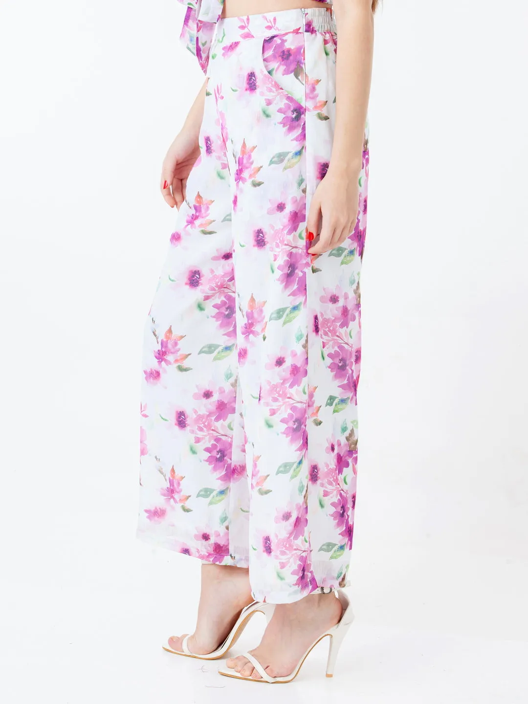 White Floral Print Straight Palazzo