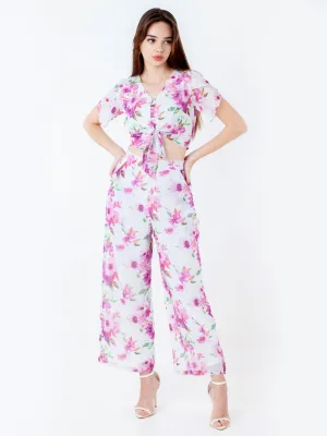 White Floral Print Straight Palazzo