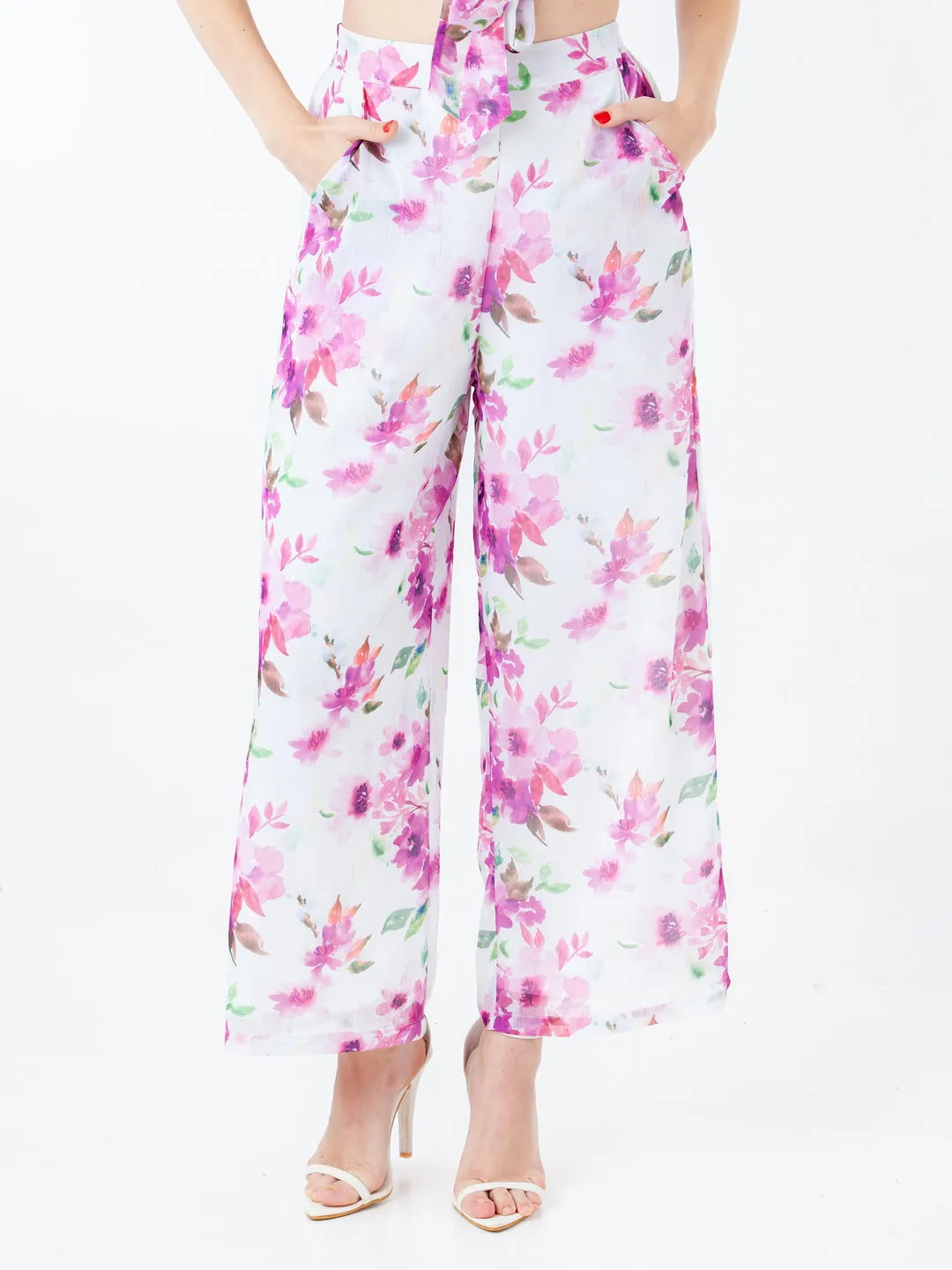 White Floral Print Straight Palazzo