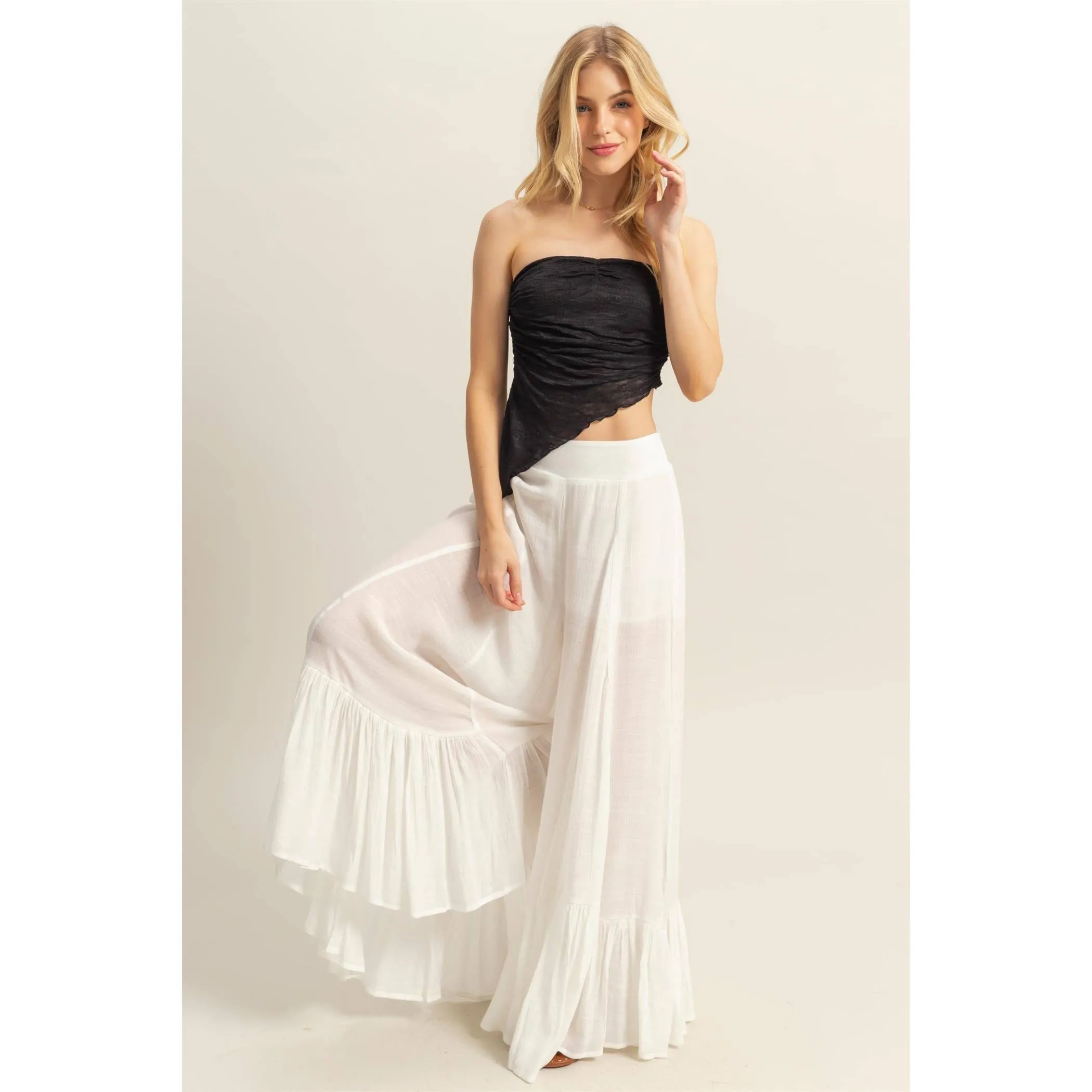 White High-Waist Ruffle Flared Wide Leg HYFVE Pants