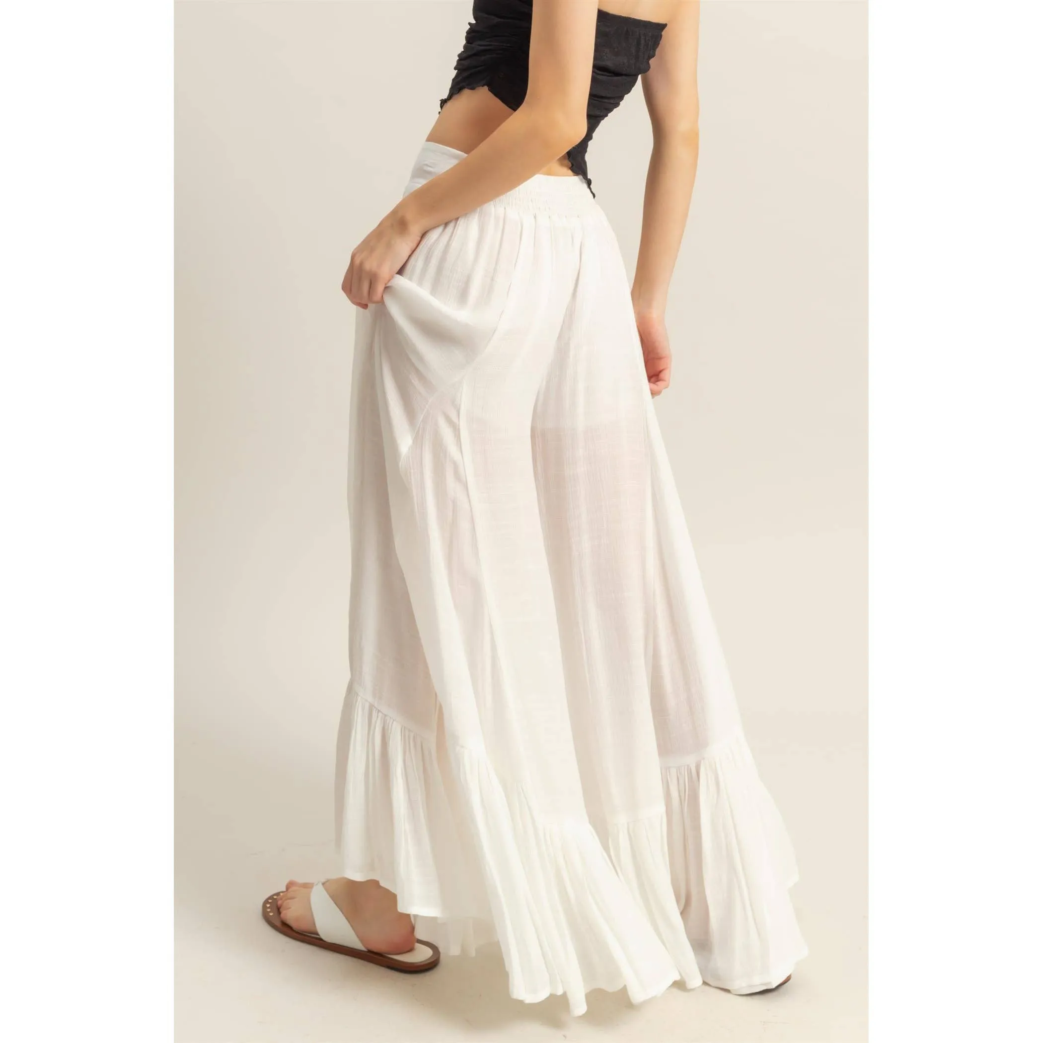 White High-Waist Ruffle Flared Wide Leg HYFVE Pants