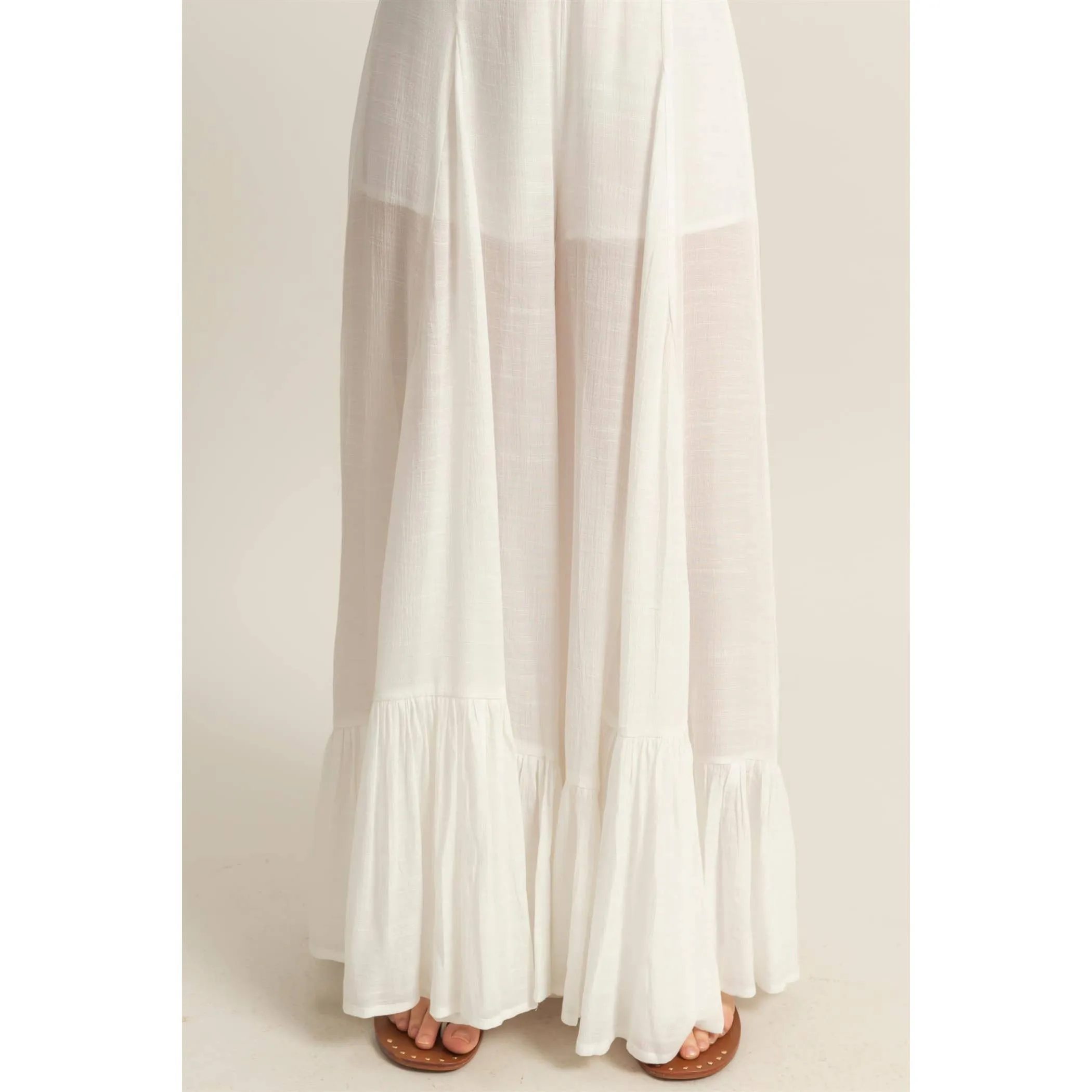 White High-Waist Ruffle Flared Wide Leg HYFVE Pants