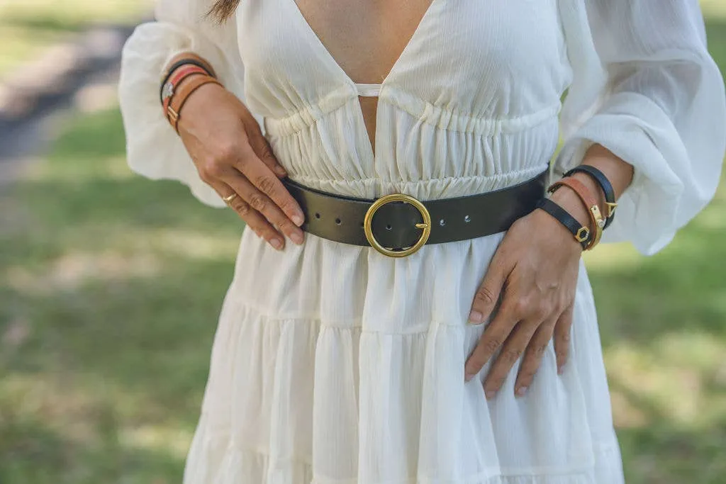 Wide Brass-Toned Single Ring Buckle Leather Belt | Black