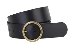 Wide Brass-Toned Single Ring Buckle Leather Belt | Black