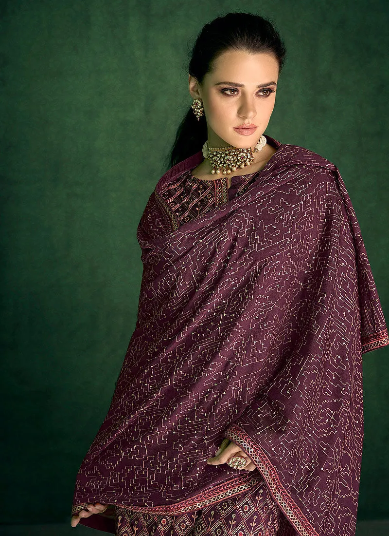 Wine Zari And Sequence Embroidered Pakistani Pant Suit