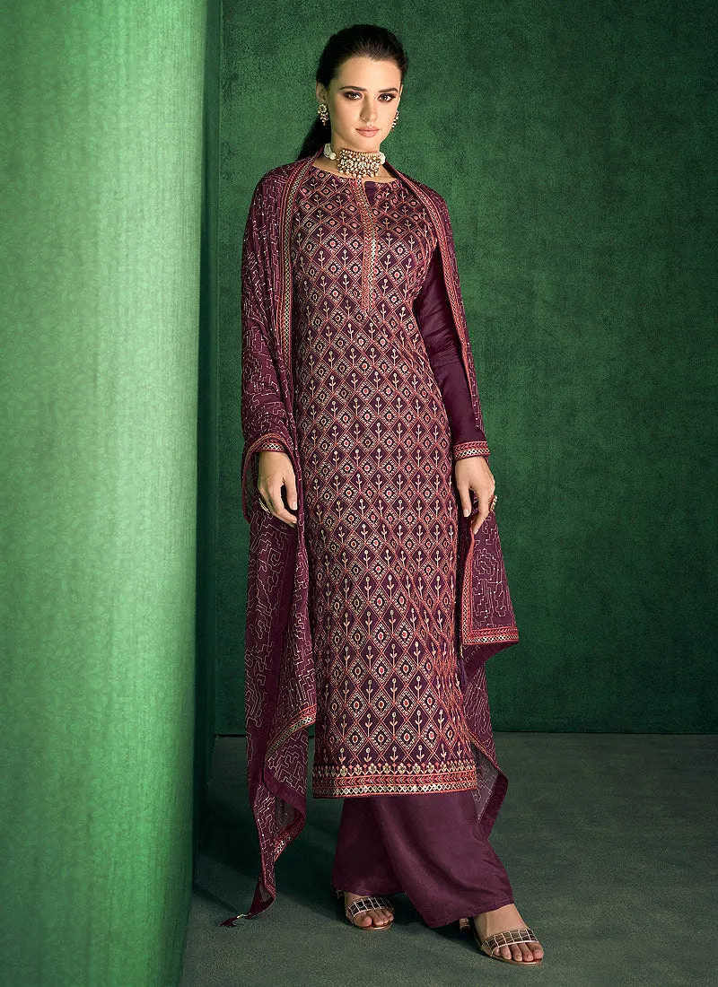 Wine Zari And Sequence Embroidered Pakistani Pant Suit
