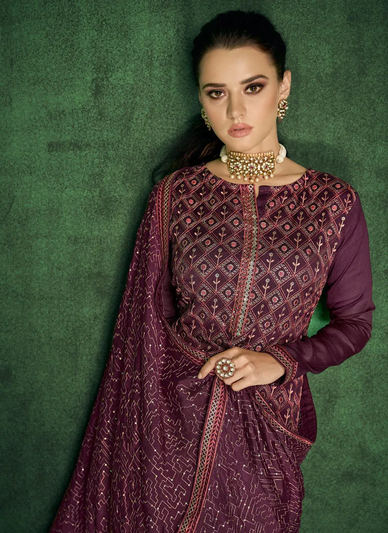 Wine Zari And Sequence Embroidered Pakistani Pant Suit
