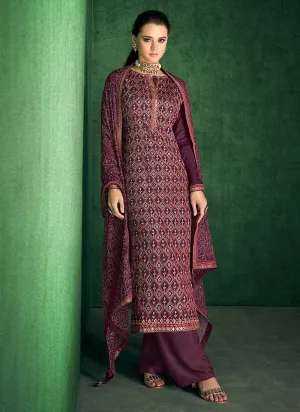 Wine Zari And Sequence Embroidered Pakistani Pant Suit