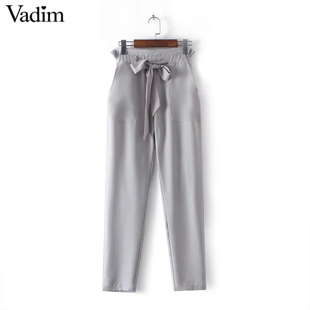 women OL chiffon high waist harem pants bow tie drawstring sweet elastic waist pockets casual trousers pantalones ZC047