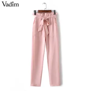 women OL chiffon high waist harem pants bow tie drawstring sweet elastic waist pockets casual trousers pantalones ZC047