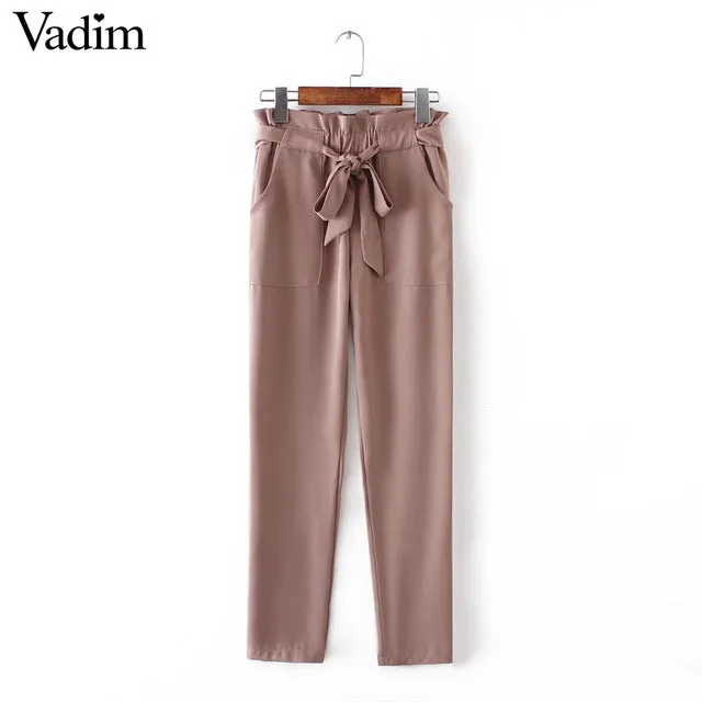 women OL chiffon high waist harem pants bow tie drawstring sweet elastic waist pockets casual trousers pantalones ZC047