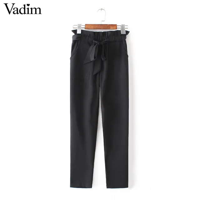 women OL chiffon high waist harem pants bow tie drawstring sweet elastic waist pockets casual trousers pantalones ZC047